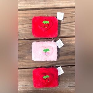 Lot of 3 Fuzzy Soft Heart Coin Purses Pouches Keychains & Embroidered Cherries